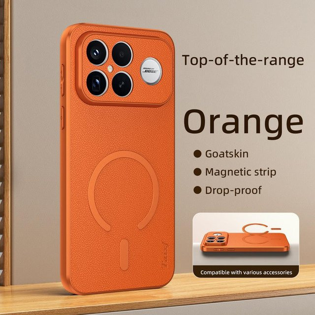 Xiangyun Magnetische Handyhülle aus luxuriösem Ziegenleder für POCO F8 Ultra, F8 Pro, F7 und POCO X8 PRO MAX mit MagSafe-Kompatibilität, Orange - Bild 1