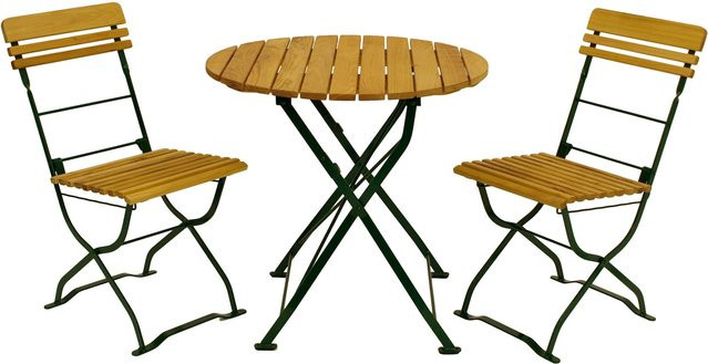 DEGAMO Biergarten Garnitur MÜNCHEN 3-teilig aus Flachstahl und Robinie in Grün mit rundem Tisch Durchmesser: 77 cm und 2 Stühlen - Bild 1
