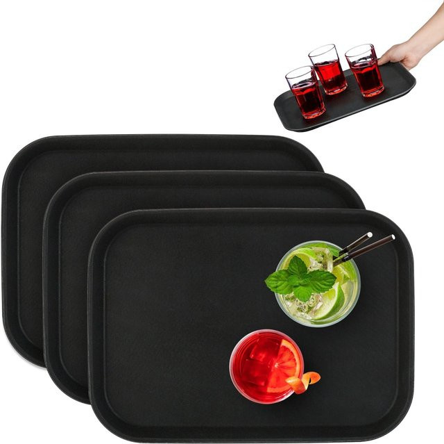 Relaxdays Serviertablett 3er Set aus Kunststoff in Schwarz, stapelbar und rutschfest, B/T/H: 35 x 25 x 2 cm - Bild 1