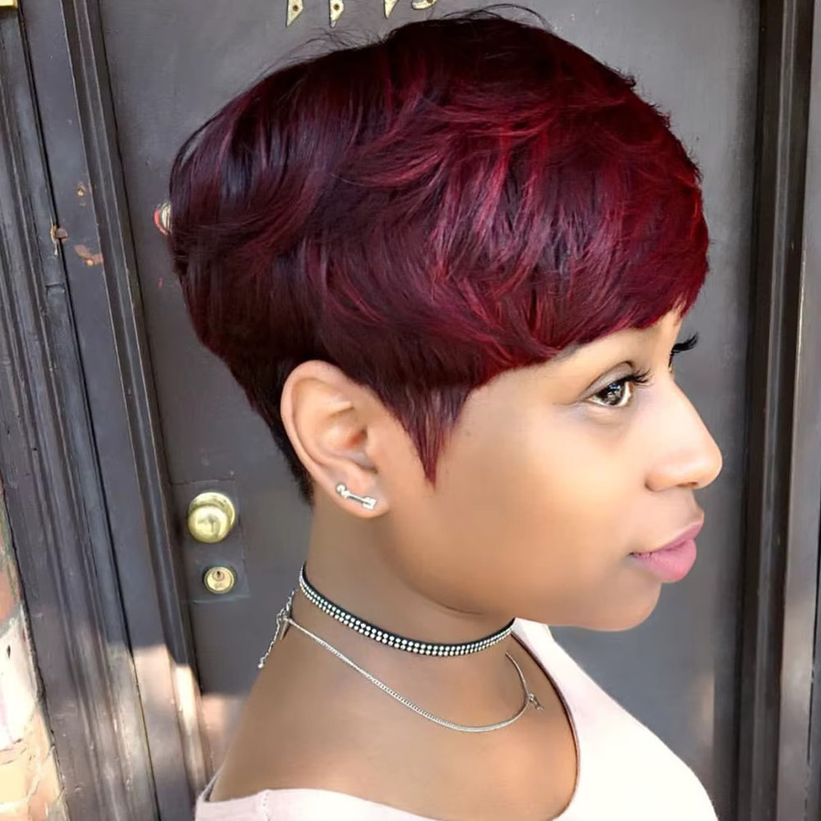 OYM HAIR Pixie-Schnitt-Perücke, kurze geschichtete Echthaar-Perücke, burgunderrot, mit Pony - Bild 2