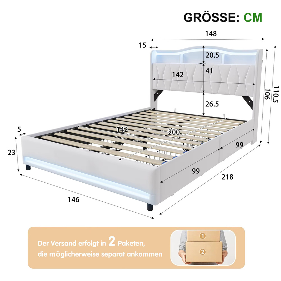 HYNHXBP Gepolstertes Stauraumbettgestell mit Schubladen und Kopfteil-Stauraum, B/T: 140 x 200 cm, Massivholz-Lattenrost, Beige oder Weiß - Bild 2