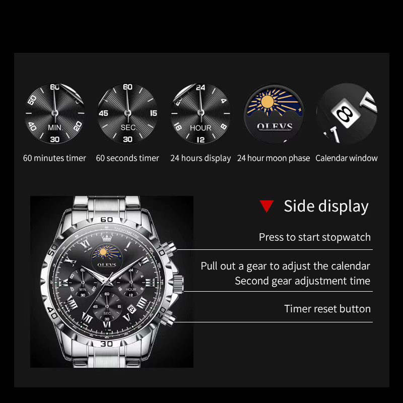 OLEVS Armbanduhr, Quarz, Chronograph, Edelstahl, Schwarz, Silber, Herren - Bild 5