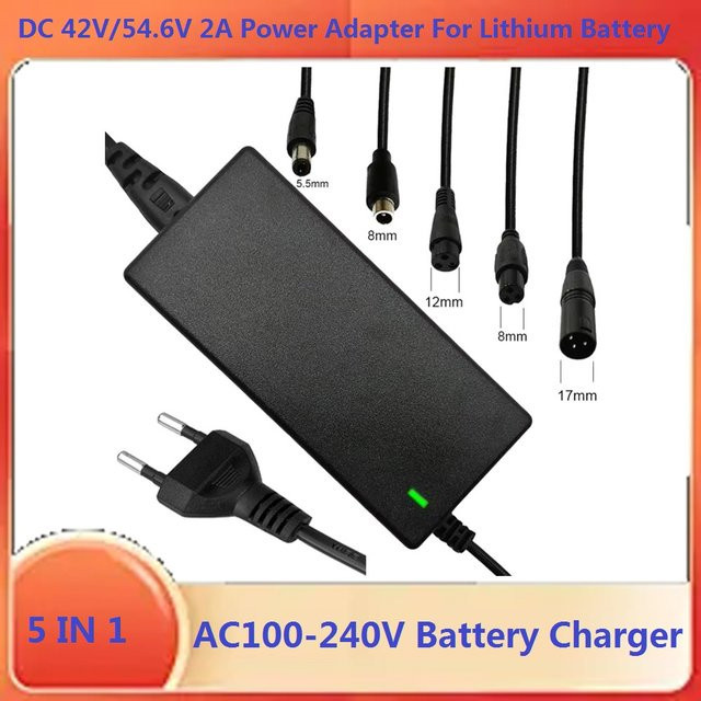 WAPUNO 5in1 Lithium Batterie Ladegerät 42V 2A DC Netzteil mit austauschbaren Steckern in Schwarz - Bild 1