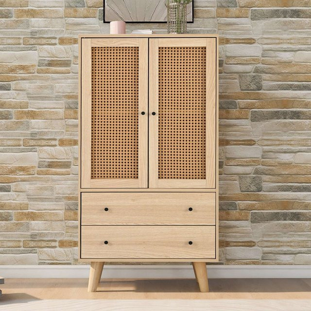 Aosom Highboard Sideboard mit Rattan-Verkleidung, Schubladen und Türen in Naturfarbe, B/T/H: 120 x 40 x 60 cm - Bild 1