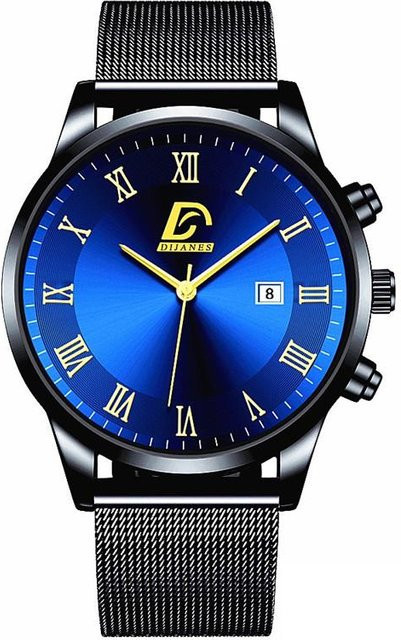 DIJANES Armbanduhr Edelstahl, Quarz, Datum, Schwarz/Blau, Herren - Bild 1