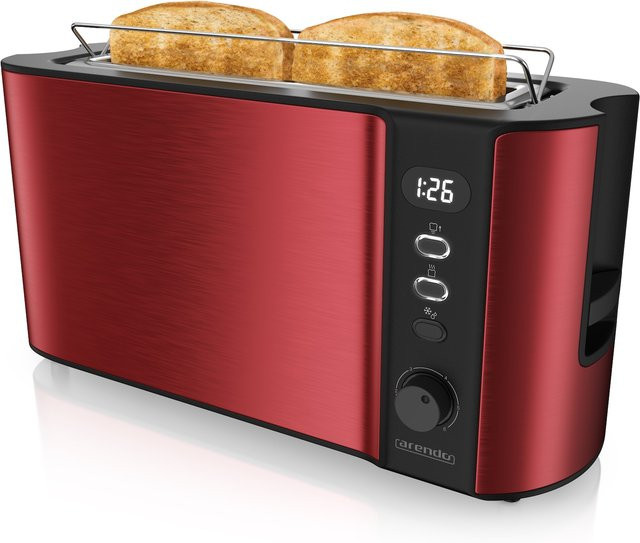 Arendo Toaster Langschlitz für 2 Scheiben mit 1000 W, Brötchenaufsatz, Digitaldisplay und Wärmeisolierung, Rot - Bild 1