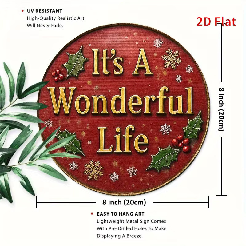 Potdemiel Weihnachts-Wanddekorationsschild aus Metall in Rot und Gold mit It's a Wonderful Life Schriftzug, Durchmesser: 20 cm - Bild 2