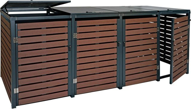 Proregal Mülltonnenbox 4er Set Mülltonnenverkleidung aus WPC und Metall in Walnuss-Holzoptik Braun, H x B x T: 119 x 264 x 84 cm - Bild 1