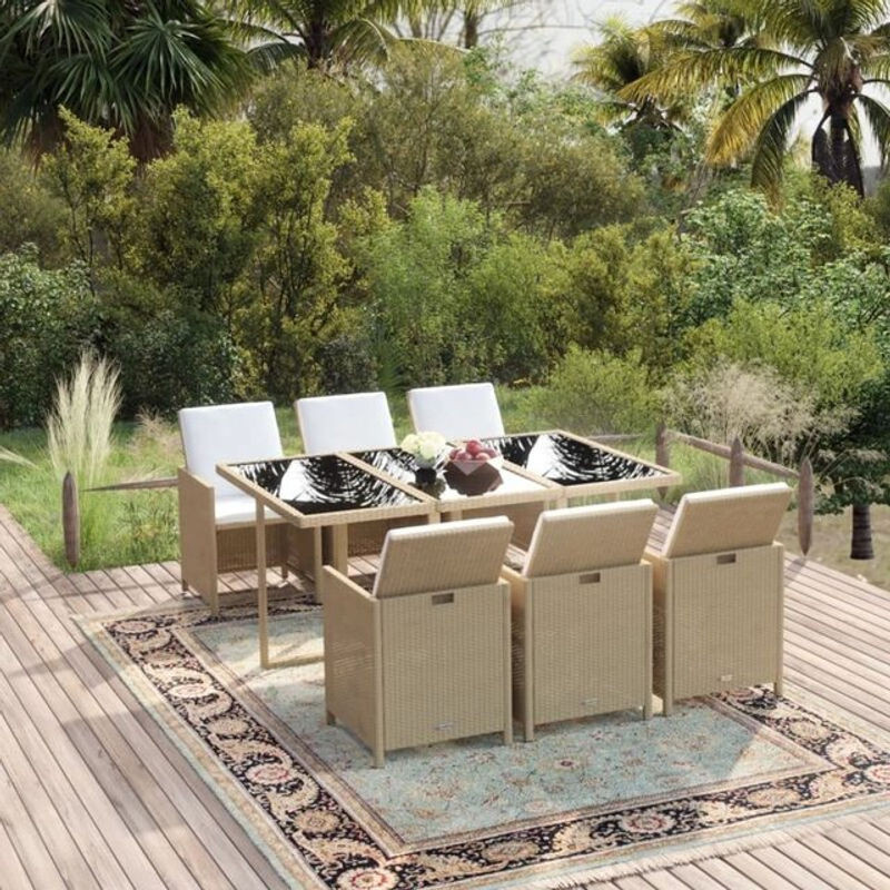 7-teilige moderne Garten-Essgruppe aus Poly-Rattan mit Kissen in Beige und Glasplatte von vidaxl - Bild 1