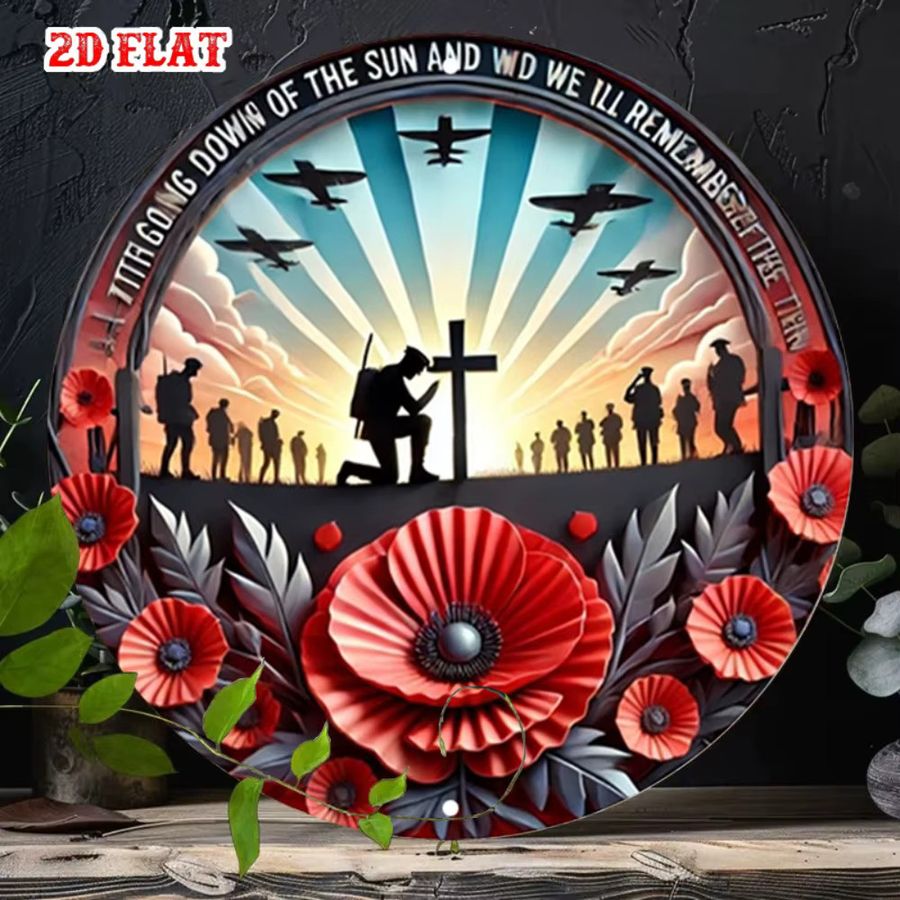 HELLOYOUNG Vintage-Militär-Wandschild aus Metall mit roter Mohn-Soldat-Silhouette Lest We Forget, rundes Aluminium-Dekor für Zuhause und Garage, Durchmesser: 19,8 cm - Bild 3