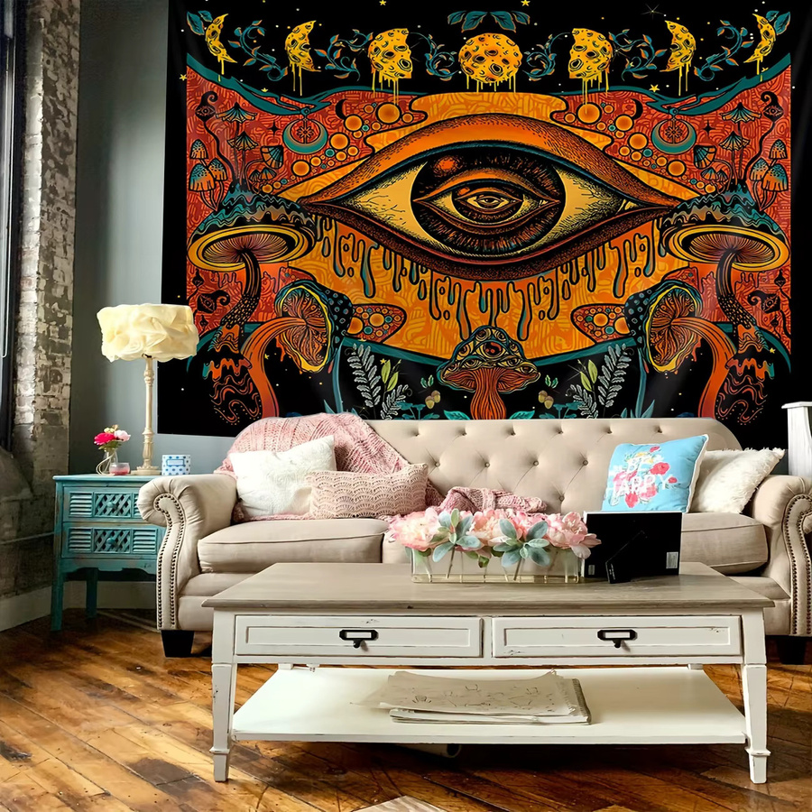 VIKAMA Mystic Eye Fantasy Pilz Wandteppich, Boho Wanddeko mit floralem und abstraktem Design, Mehrfarbig, B/H: 60 x 40 cm - Bild 4