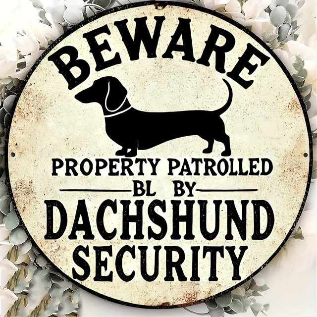 Sicherheitsschild Potdemiel Dackel Property Patrol aus Metall in Weiß, rund, Durchmesser: 20 cm - Bild 1