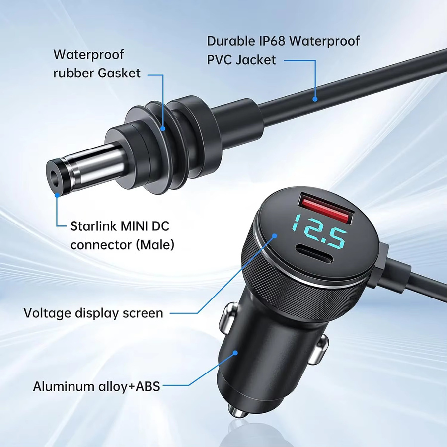 Kebidumei Autoladegerät für Starlink Mini mit 2m DC-Stromversorgung und Typ-C Eingang, Wasserdichtes Ersatzkabel mit Digitalanzeige in Schwarz - Bild 2