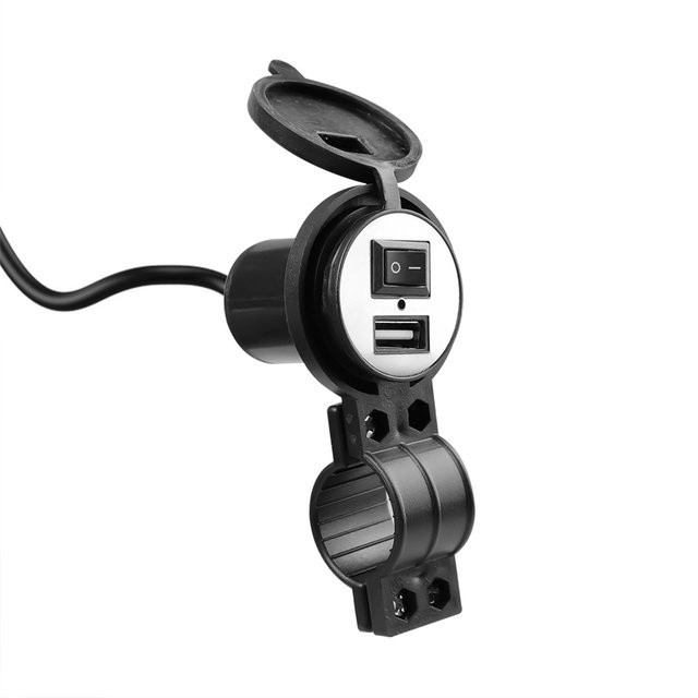 Universal Motorrad USB Ladegerät mit Schalter für Lenker, 12V Handy Ladegerät, Schwarz - Bild 1