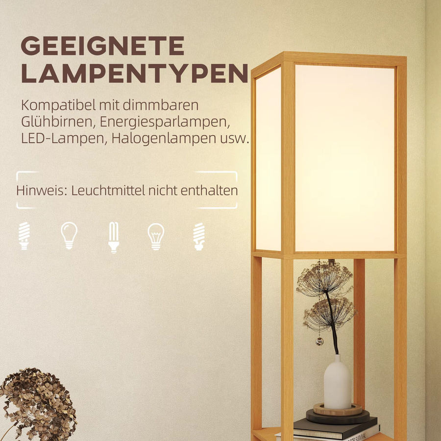 HOMCOM Stehlampe mit Regalen in Rotbuche, Stehleuchte mit Acryl-Lampenschirm und E27 Fassung, Standlampe für Wohnzimmer, Schlafzimmer oder Büro, Höhe: 160 cm, Breite: 26 cm, Tiefe: 26 cm - Bild 4
