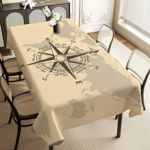 Wasserdichte Tischdecke von JMG Household Supplies mit altem Weltkarten- und Kompass-Design in Beige, B/T: 150 x 170 cm - Bild 1