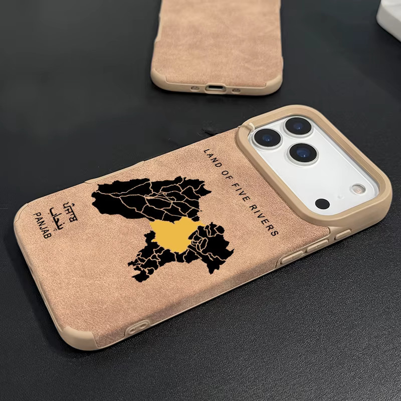 Handyhülle mit Punjab-Karte für Apple iPhone 16 15 14 13 12 11 Pro Max XR XS in Braun aus Kunstleder und Wildleder - Bild 5