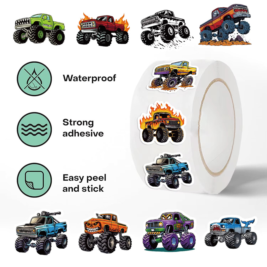 500 Stück Monster-Truck-Aufkleber für Kinder in 10 verschiedenen Cartoon-Stilen, bunte Autoaufkleber-Rolle für Kindergarten und Dekoration - Bild 6