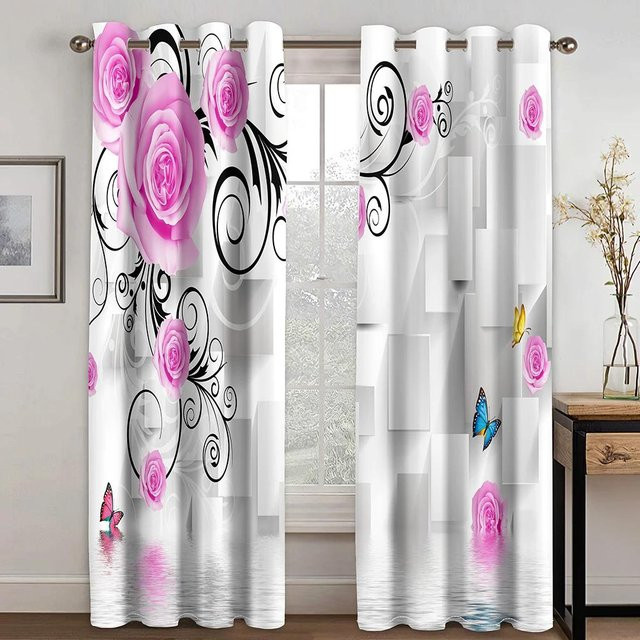 Blumen- und Schmetterlingsmuster Vorhänge mit Ösen, halbtransparentes Design für Wohnzimmer und Schlafzimmer, 2er-Set, B: 50 cm, H: 130 cm - Bild 1