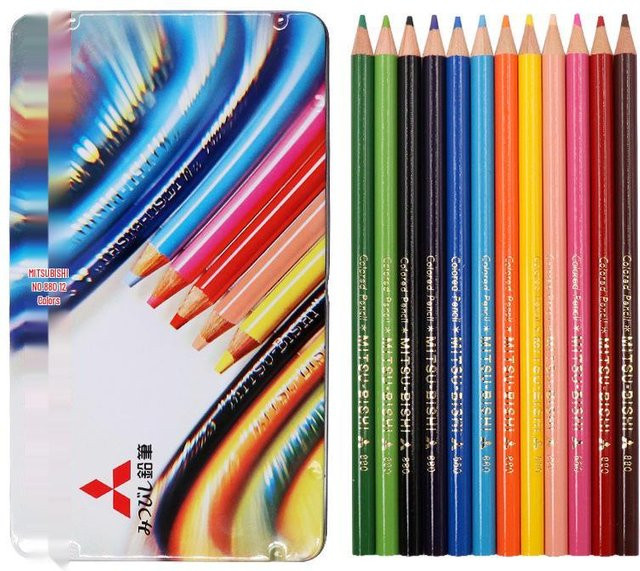 Mitsubishi Uni Ölbasierte Buntstifte Set 12 Farben in blauer Eisenbox HB - Bild 1