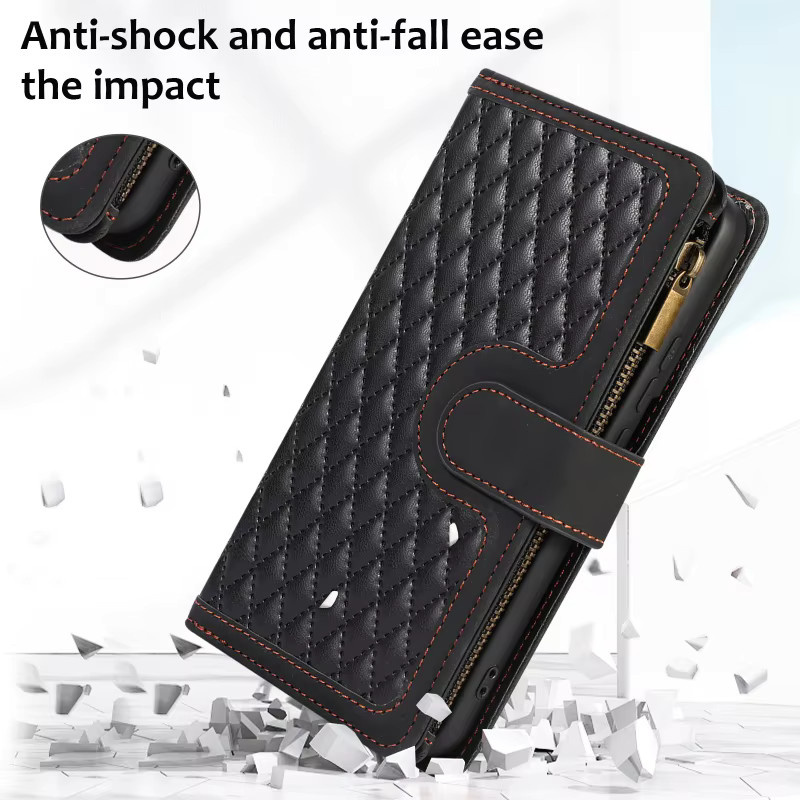 Leder-Handyhülle mit Lanyard und Reißverschluss als Brieftasche für Apple iPhone, Farbe: Schwarz - Bild 4
