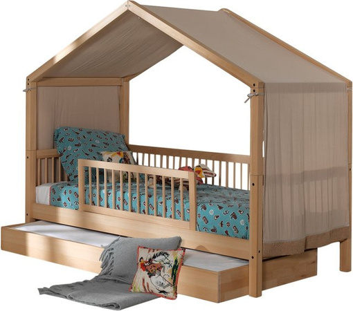 FAGUS Hausbett für Kinder aus Buche massiv natur mit Lattenrost, Bettschublade, Absturzschutz und Textilhimmel, Liegefläche B: 90 cm, L: 200 cm