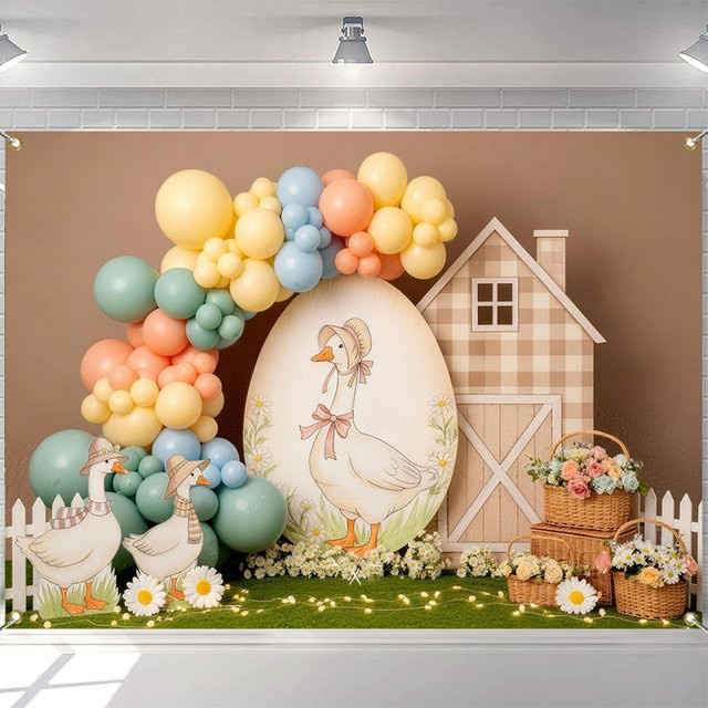 LS Fotohintergrund für Kinder mit Gans und Blumenbogen sowie Holzzaun-Dekor in Mehrfarbig - Bild 1