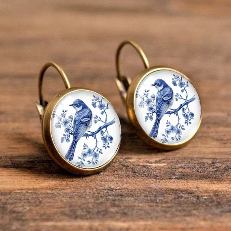 konminry Ohrringe, Bronze, Blau, Elster Vogel, Blume, Damen, Vintage - Bild 2