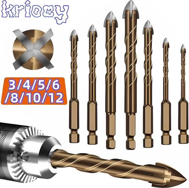 KRIOCY Kreuz-Sechskant-Fliesenbohrer-Set aus Hartlegierung für Glas, Keramik, Beton und Ziegel, 3 Stück, Durchmesser: 12 mm - Bild 1
