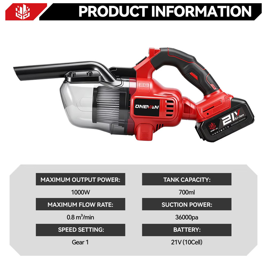 ONEVAN 6-in-1 Kabelloser Handstaubsauger mit 16KPA Saugkraft für Makita 18V Akkus, Rot, ideal zur Reinigung von Tierhaaren und Böden - Bild 4