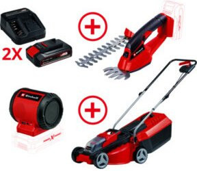 Einhell Power X-Change Akku-Gartenset mit Akku-Rasenmäher, Akku-Gras- und Strauchschere, 2x 2,5 Ah Akkus und Akku-Lautsprecher - Bild 1