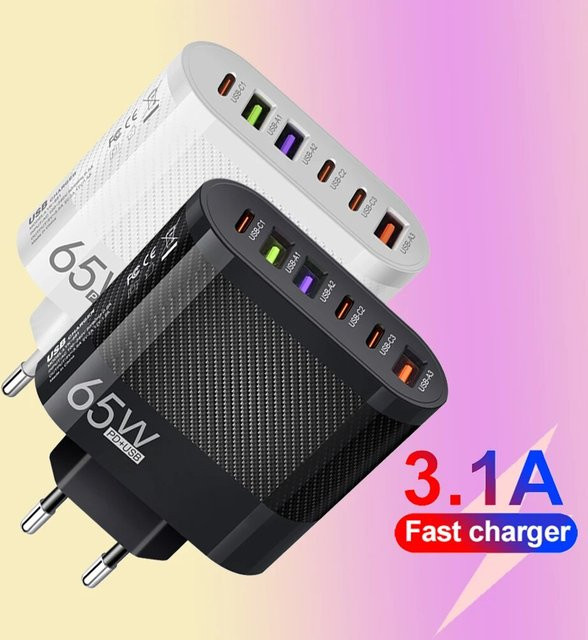 GUSEYEE 6 in 1 Schnellladegerät mit 3 USB-A und 3 USB-PD Anschlüssen, 3,1 A, QC3.0 Ladestation für Samsung und Xiaomi Smartphones - Bild 1