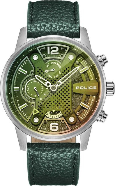 Police Herrenuhr Lanshu, Quarz, Edelstahl, 48 mm, Leder, Grün, 5 ATM - Bild 1