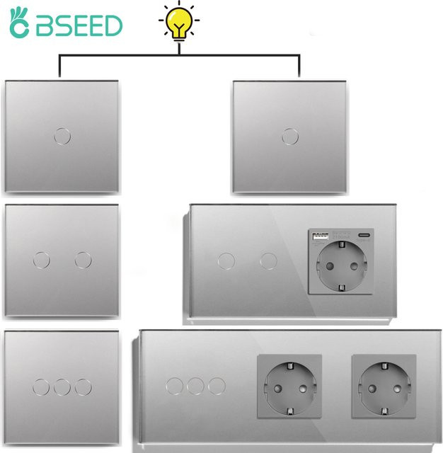 Bseed Wand-Touch-Lichtschalter mit EU-Steckdose und USB Typ C, quadratischer Glas-Lichtschalter mit blauer Hintergrundbeleuchtung, 230 V - Bild 1