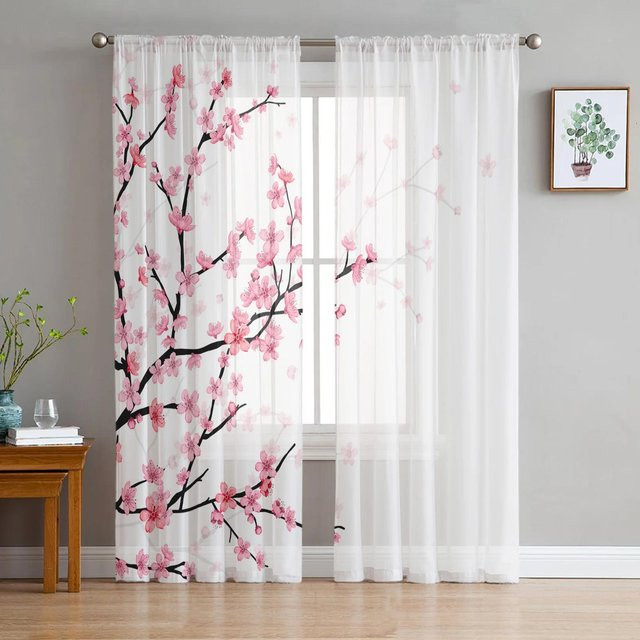Yiran Furniture Transparente Tüll-Fenstergardinen mit Japanischem Mount Fuji und Sakura Motiv, Weiß, B: 135 cm, H: 215 cm, 2er-Set - Bild 1