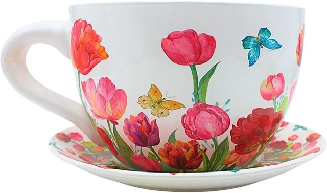 Dekohelden24 XXL Blumentopf Tulpenmeer aus Keramik in Rosaweiss, B/T/H: 34 x 28 x 16 cm - Bild 1
