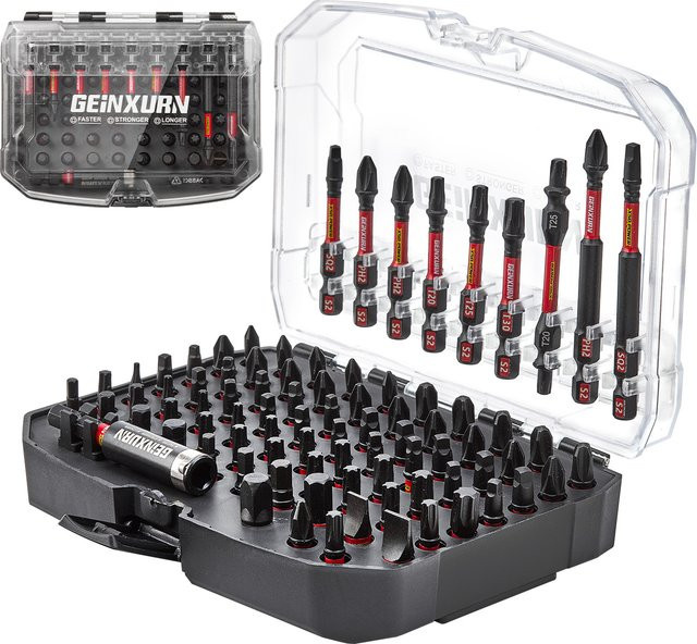 Geinxurn 83-teiliges Schlag-Magnetschrauber-Bit-Set aus S2-Stahl mit PH, Schlitz, Torx, Hex und SQ Bits sowie Steckdosenadaptern im schwarzen Aufbewahrungskoffer - Bild 1