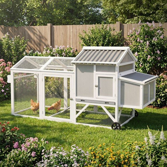 ECD Germany Mobiler Hühnerstall aus Massivholz mit Auslauf und Nistkasten, wetterfest, B/T/H: 83 x 220 x 109 cm - Bild 1