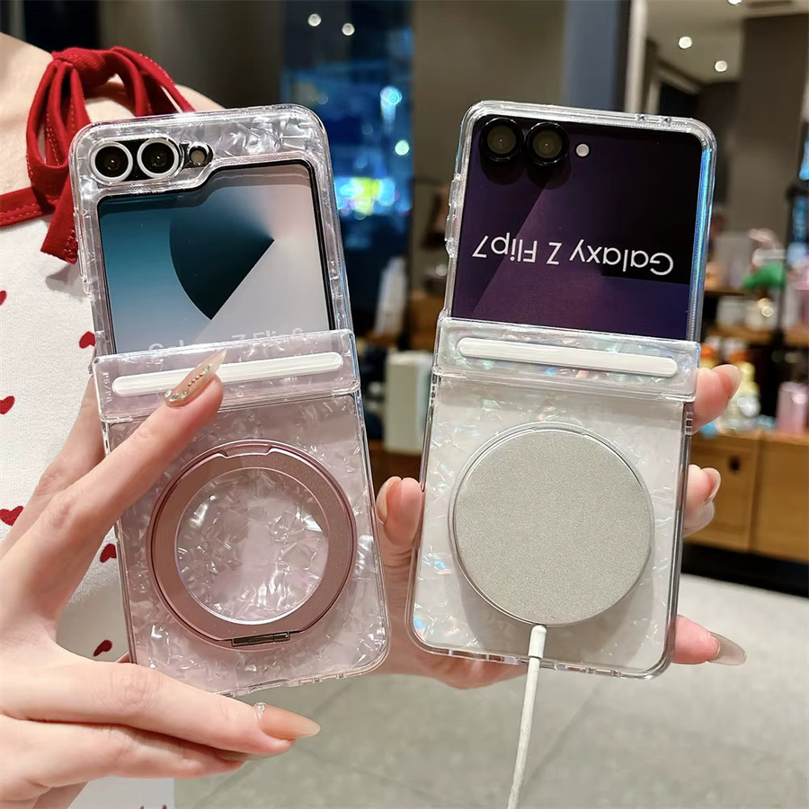 Magnetische Scharnier-Schutzhülle mit Muschelmuster für Samsung Galaxy Z Flip 7 FE, 8, 6, 5 mit 360 Grad drehbarer Halterung und kabelloser Ladestation, Farbe: Pink/Transparent, Material: Hartes PC - Bild 2