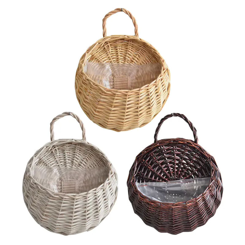 Shunmaii Wandmontierter Blumentopf aus Rattan in Braun im Bohemian Design mit Haken und runder Form - Bild 2