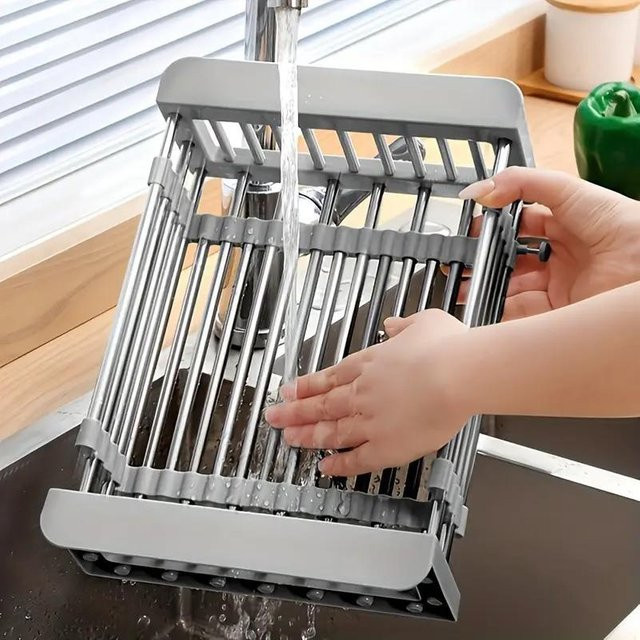 Yiran Furniture Küchenaufbewahrungsregal aus Edelstahl, verstellbares Spülbecken-Trockengestell mit Abtropfschale, 1-stufig, Grau - Bild 1