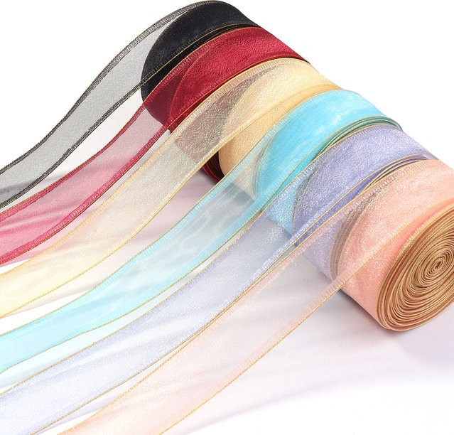 Buntes Chiffon Gaze Band mit Goldrand für DIY Dekoration, Hochzeit und Weihnachten, Breite: 2,5 cm, Länge: 4,57 m - Bild 1