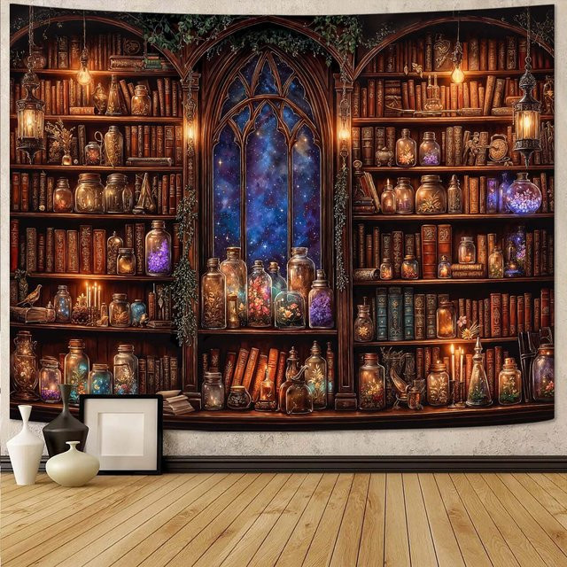 JMG Household Supplies Wandteppich Magisches Bücherregal im Dark Academia Stil mit Hexen-Motiv, B/H: 150 x 100 cm, Mehrfarbig - Bild 1