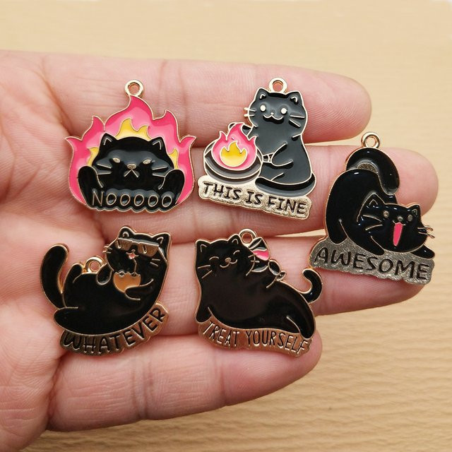 Anhänger schwarze Katze, Emaille, Legierung, vergoldet, Schwarz - Bild 1