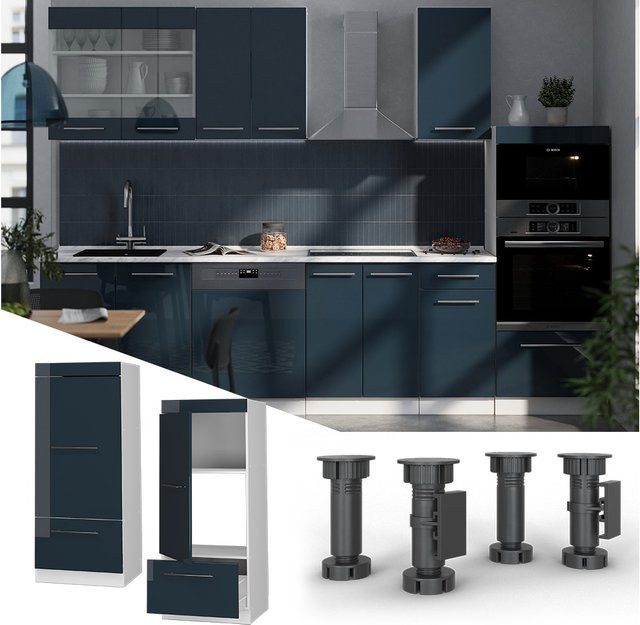 Vicco Mikrowellenschrank Fame-Line Küchenregal in Weiß und Dunkelblau Hochglanz mit Schublade und Soft-Close-Türen, B/T/H: 60 x 55,03 x 153,6 cm - Bild 1