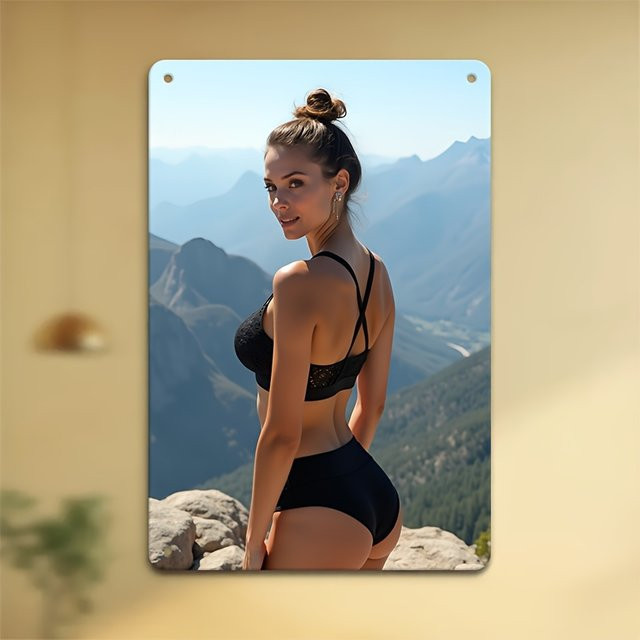 HELLOYOUNG Metallschild Bikini-Dame mit Bergblick in Schwarz, Wandkunst aus Eisen für Spa-Raum, Breite: 20,32 cm, Höhe: 30,48 cm - Bild 1
