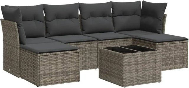vidaXL 7-tlg Garten-Sofagarnitur in L-Form aus Polyrattan mit Kissen in Grau - Bild 1