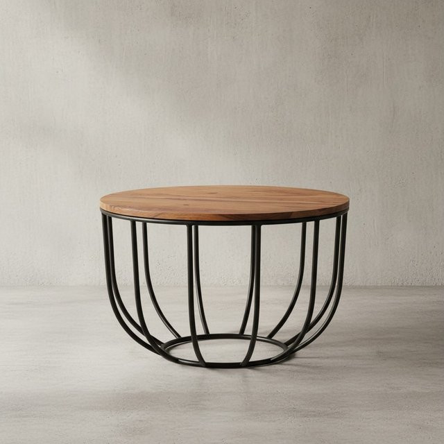 KADIMA DESIGN Industrial Couchtisch aus Sheesham Massivholz in Braun mit Metallgestell und Korbdesign, B/T/H: 60,0 x 39,0 x 60,0 cm - Bild 1
