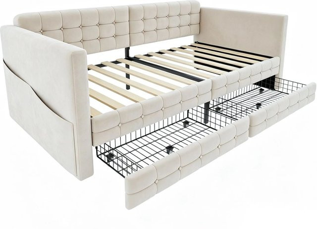 Merax Schlafsofa aus Samt mit Karomuster und Schubladen in Beige, B/T/H: 90 x 190 x 34 cm - Bild 1