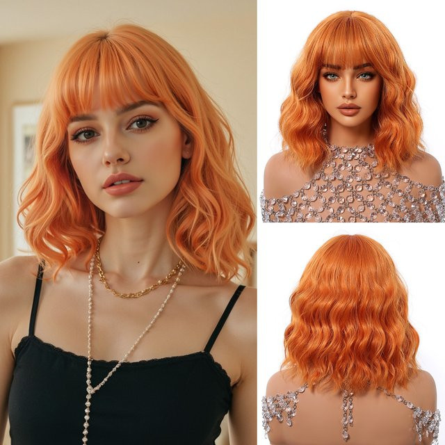 EASIHAIR Perücke, kurzer Bob, orange, gewellt, mit Pony, Damen - Bild 1